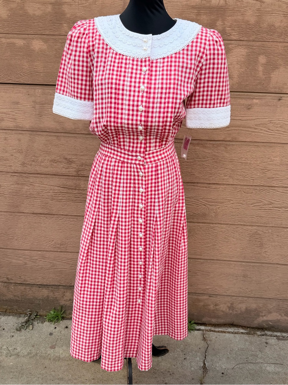 Red Gingham Button-Front Dress with Lace Collar